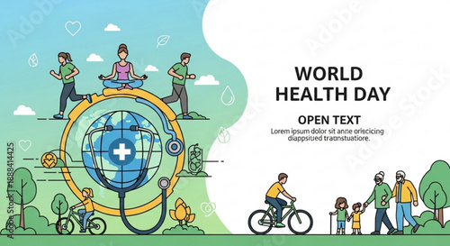 World health day illustration with people exercising outdoors