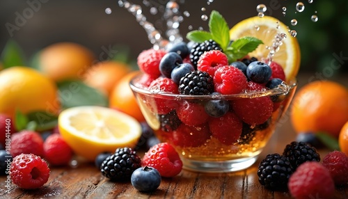 Mixed fresh berries like raspberries blueberries blackberries in bowl with water splash. Juicy fruits like lemon oranges surround glass dish. Healthy dessert background, natural sweetness. © Viktor