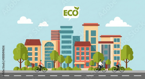 Eco friendly cityscape with cyclists riding past modern buildings