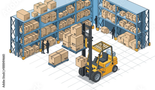 Isometric warehouse interior with forklift and workers vector