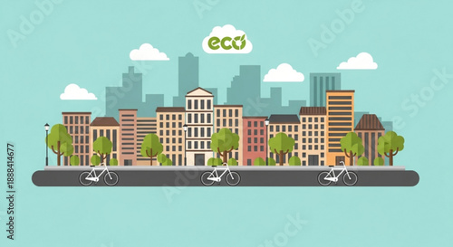 Eco friendly cityscape with bicycles and green trees on a sunny day