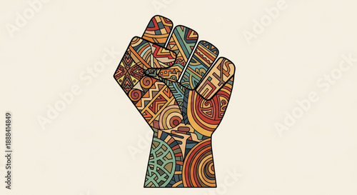 Raised fist with colorful patterns and symbols on cream background