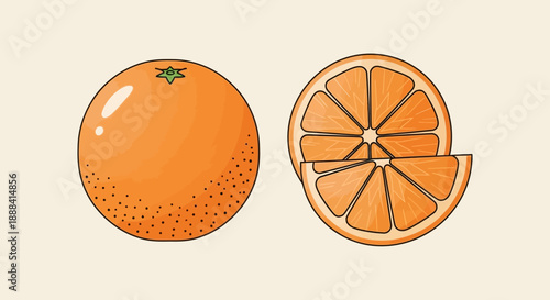 Stylized Digital Illustration of an Orange Whole and Sliced Showing Juicy Interior and Bright