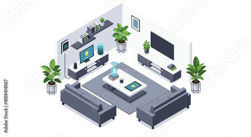 Isometric modern living room with smart home technology vector