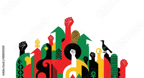 Vibrant fists raised in solidarity cityscape illustration