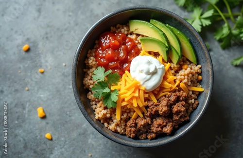 Top view of Mexican taco bowl with seasoned ground beef, shredded cheese, fresh salsa, sliced avocado, and a dollop of sour cream. Garnished with cilantro, served over couscous with corn kernels. © Viktor