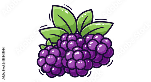 Colorful Cartoon Illustration of a Fresh Blackberry Bunch with Green Leaves for Food and Nature
