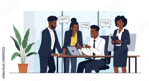 Diverse business team collaborating in modern office with laptop