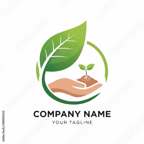 Eco friendly logo with a hand nurturing a small plant sprout.