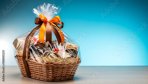 A gift basket filled with goodies wrapped in clear plastic and tied with ribbons on a table