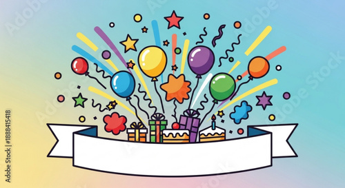 Colorful birthday celebration with cake balloons and gifts on banner