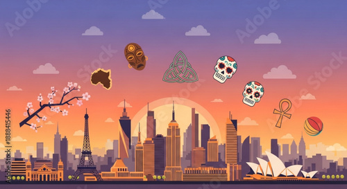 City skyline with cultural symbols at sunset globally inspired