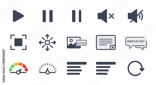 A collection of graphic icons for multimedia controls and settings on a clean white background with a focus on playback, editing, and notification symbols.
