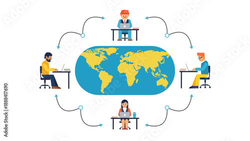 Global Remote Work Concept Illustration with Diverse Freelancers Connected Around World Map