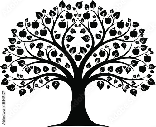 Black silhouette of an apple tree with fruit and leaves, isolated on white background, symbol of nature, life, growth and harvest.