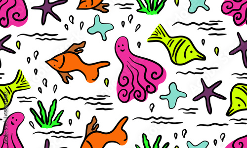 Seamless baby pattern with sea animals for kids, shark and fish, cartoon background