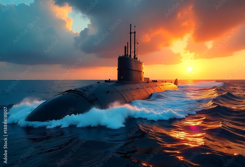 Fototapeta premium Sleek modern military submarine navigating rough ocean waters, showcasing advanced naval technology, stealth design, maritime defense power, and strategic underwater warfare capabilities under.