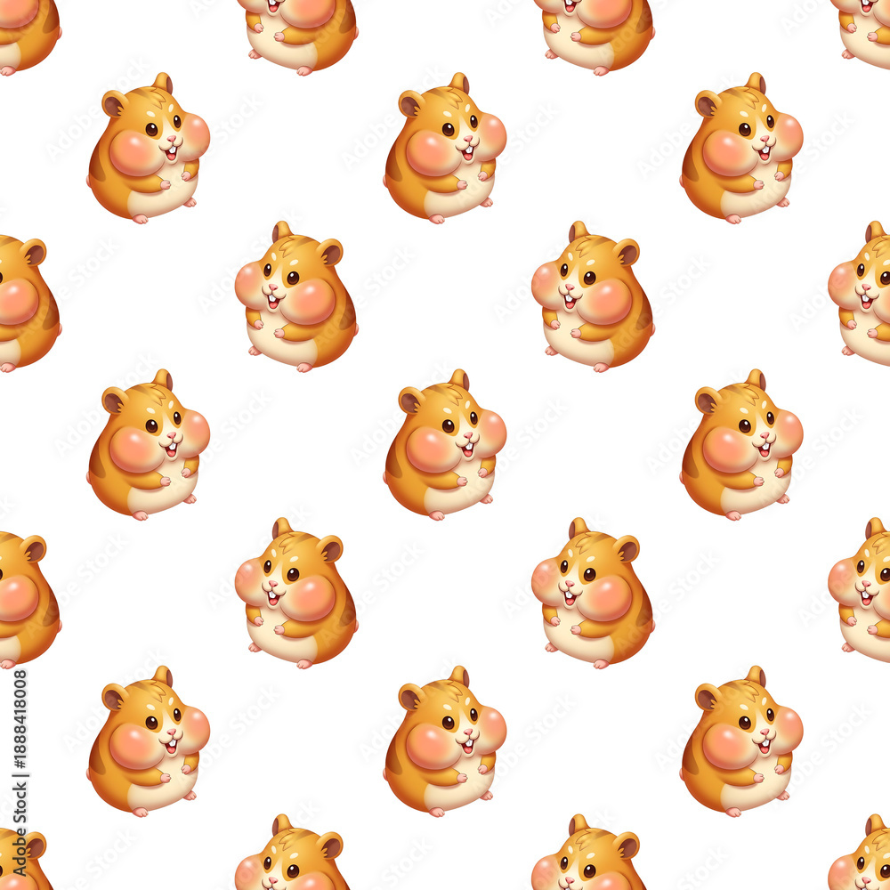 Obraz premium Adorable chubby hamster with stuffed cheeks pattern, 3D cartoon seamless design on transparent background, cute pet icon