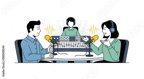 Three people podcasting with microphones and mixer