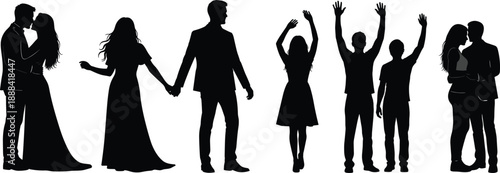 Black silhouettes of diverse couples and people celebrating love and happiness through romantic embraces walking and joyful gestures isolated white,
