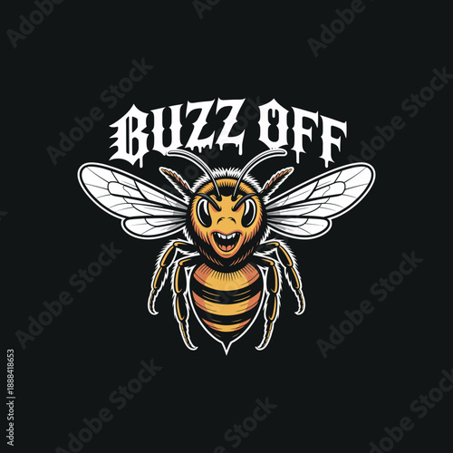 Buzz off angry bee mascot with aggressive expression and gothic dripping typography