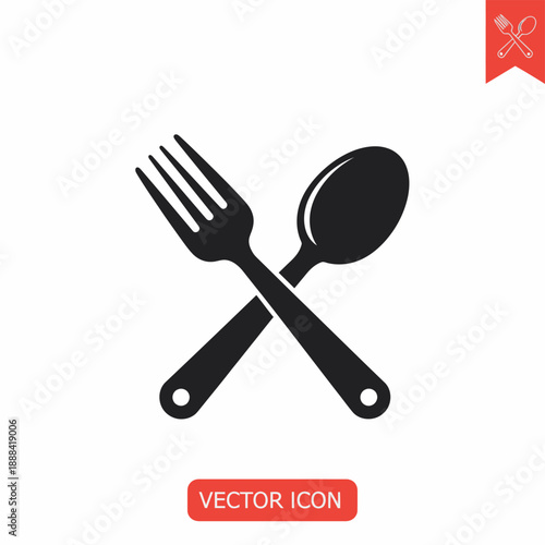 Black Fork and Spoon Crossed Vector Icon.