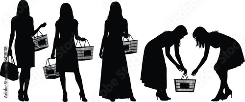 Silhouettes of fashionable women carrying and lifting shopping baskets isolated on white background for retail, consumerism, and grocery store marketing design