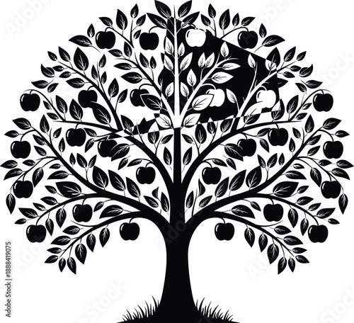 Stylized apple tree silhouette vector illustration, black and white nature icon with fruits, organic farm plant logo design, isolated background.