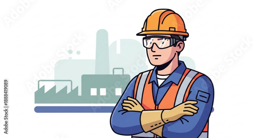 Industrial worker in hard hat and safety vest stands confidently