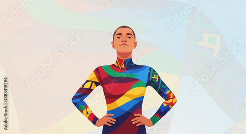 Confident woman wearing colorful striped bodysuit standing hands