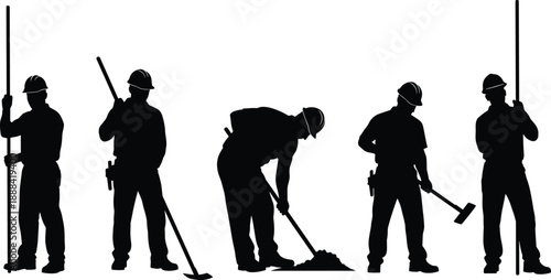 Black silhouettes of construction workers using shovels, hoes, and hammers for road work, building sites, heavy industrial, and development projects.