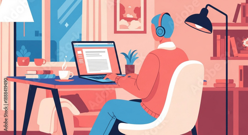 Person wearing headphones working on laptop at home desk with coffee