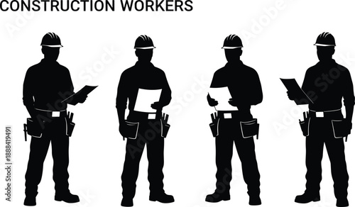 Black silhouettes of four construction workers wearing hard hats and tool belts, reviewing architectural plans and documents on white background.