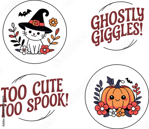 Halloween stickers collection featuring cute black cat witch and smiling pumpkin with spooky puns
