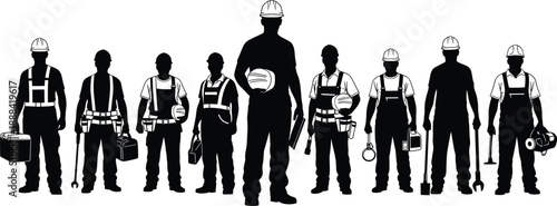 Diverse, collection, of, professional, construction, worker, silhouettes, wearing, hard, hats, and, safety, gear, for, industrial, team, building, site, project, vector.