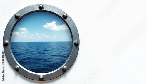 Round metal porthole on ship reveals endless blue ocean and sky. Nautical window offers view of calm sea and fluffy clouds, suggesting travel and marine adventure.