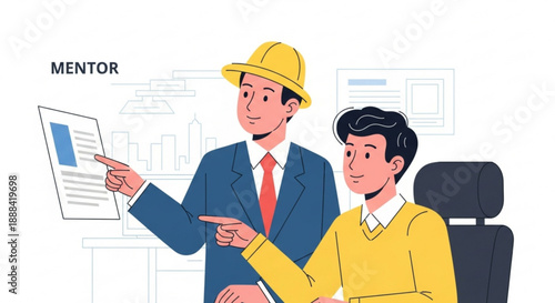 Mentor guiding young professional in office setting with documents