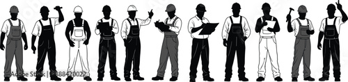 Twelve, professional, construction, worker, silhouettes, in, hard, hats, and, overalls, for, building, site, industrial, project, management, vector, illustration, icons, set.