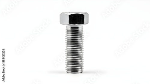 High-quality stainless steel hex bolt standing vertically, industrial fastener isolated on white background.