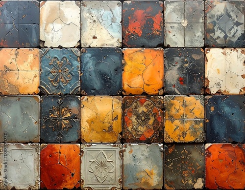 A collection of vintage, weathered tiles in various colors