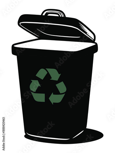 Black recycling bin with open lid and green recycling symbol.