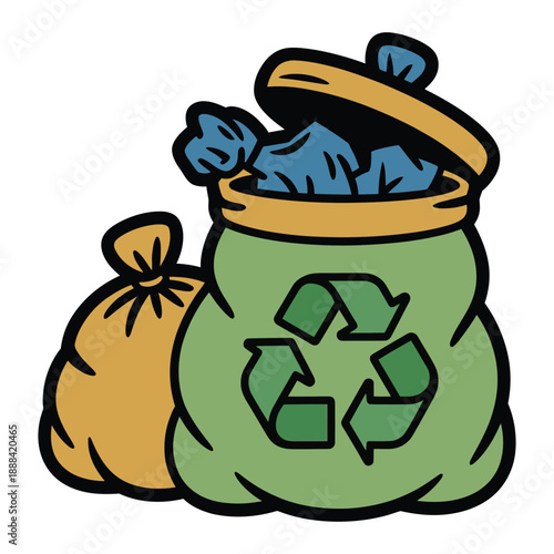 Green recycling bag filled with blue trash bags next to a tied brown garbage sack.