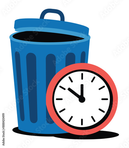 Conceptual illustration of time management with clock and trash can.