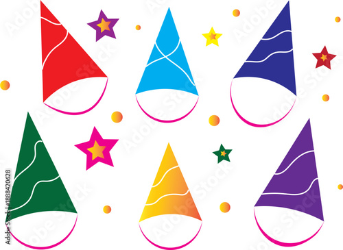 Bright and playful kids birthday design with hats,stars cheerful elements.
