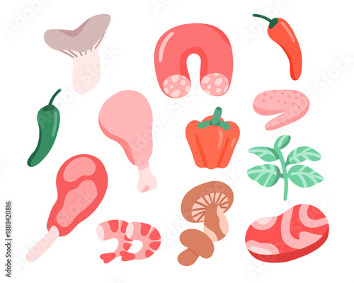 Fresh food ingredients with sausage, chicken, and vegetables flat vector illustration