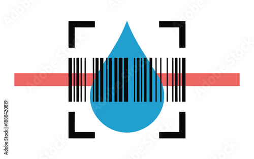 Abstract concept of water drop with barcode and scanning frame symbolizing water resource tracking.