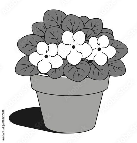 Black and white illustration of a potted flowering plant with leaves and blossoms.