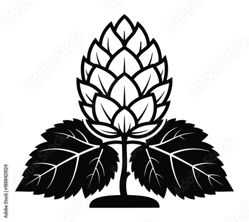 Black and white vector illustration of a hop cone with leaves.