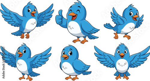 Set of six cute cartoon blue bird characters flying and giving thumbs up for children book illustrations, stickers, and icons