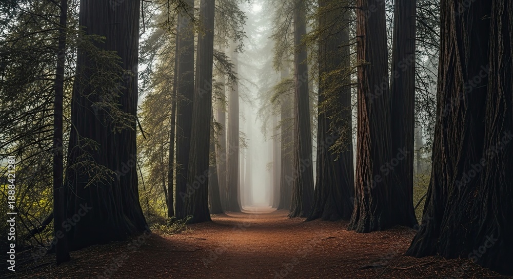 Naklejka premium Sunlit path through dense forest